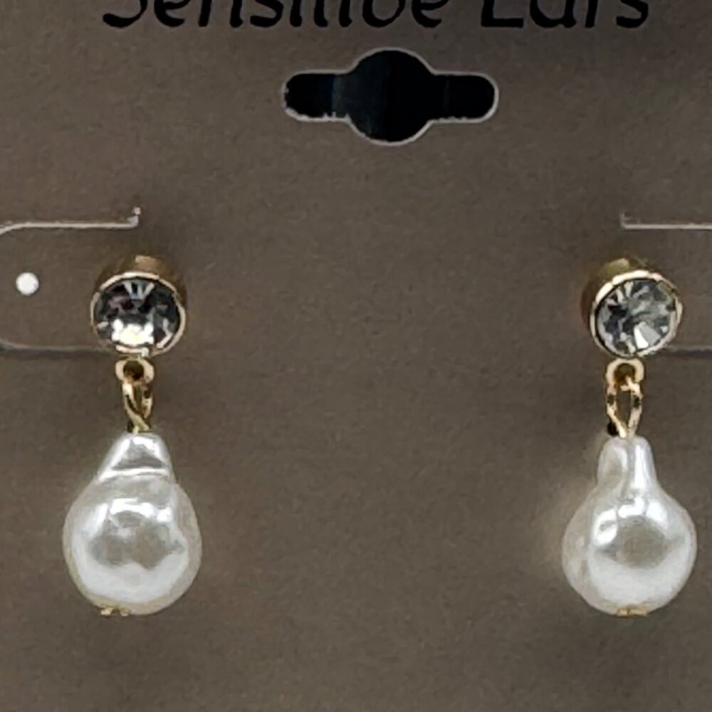 Goldtone Drop Earrings With Pearl & Rhinestone Hypoallergenic New Sensitive Ears